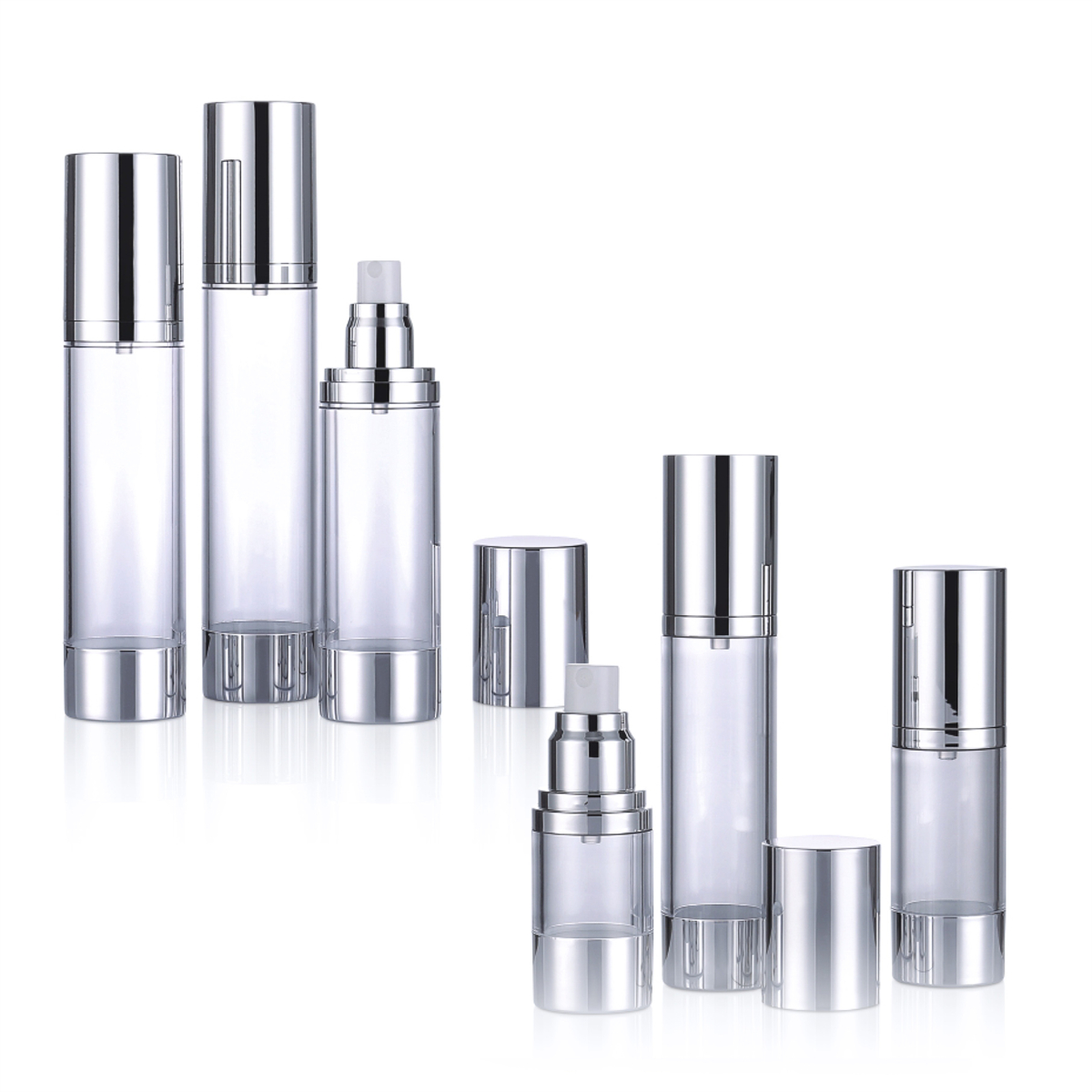 15ml 30ml 50ml 80ml 100ml 120ml Dökülmeyen Lüks Şeffaf Kozmetik Havasız Losyon Pompa Şişesi Silver Cap L04